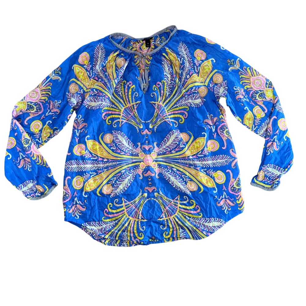 J Crew Blue Paisley Cotton Silk Sheer Blouse Top Womens M Boho Resort Feminine